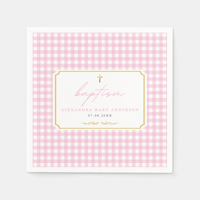 Rosa Gingham Girl Baptism Minimalist Elegant Touch Pappersservett (Framsidan)