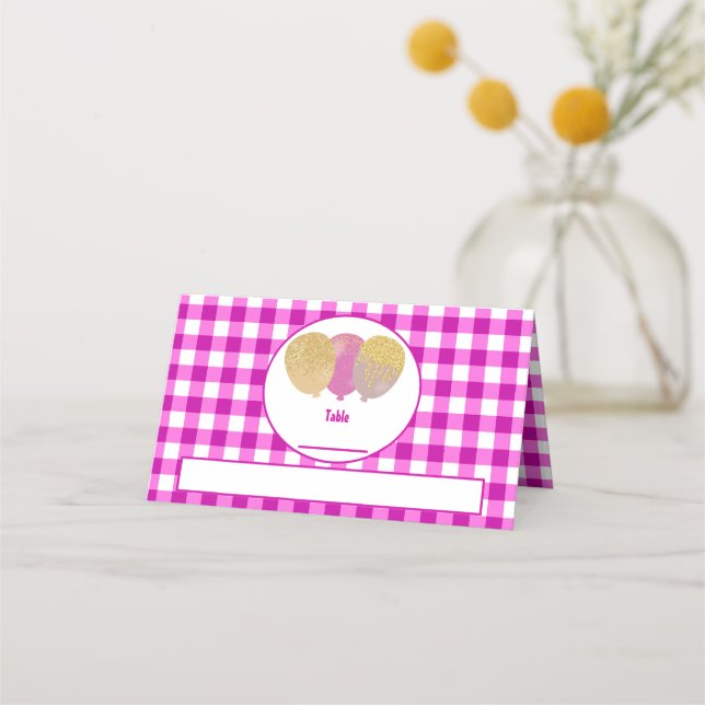 Rosa Gingham Glitterballonger Vikta Bordsskyltar  Placeringskort (Framsida)