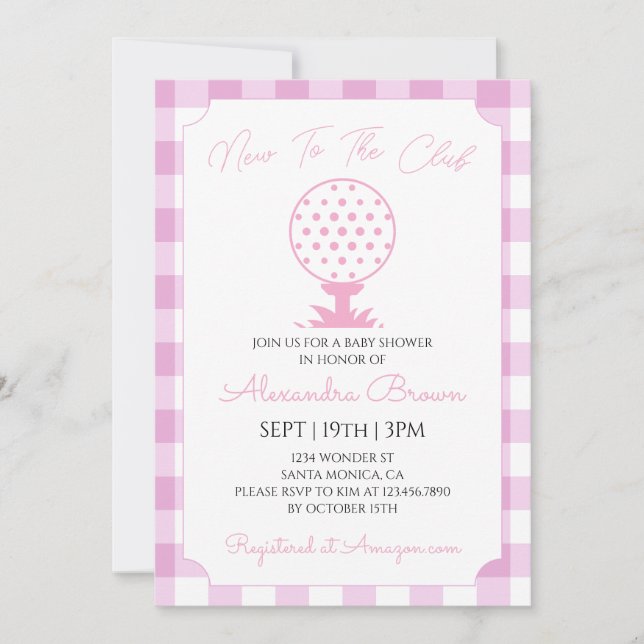 Rosa Gingham Golf Babyflicka Shower Inbjudningar (Framsida)