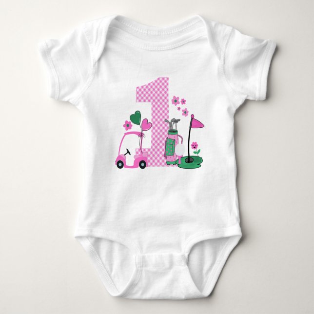 Rosa Gingham Golf First Birthday Girl Shirt T Shirt (Framsida)