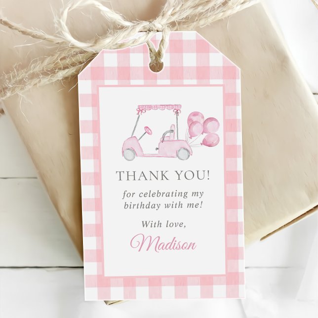 Rosa Gingham Golf Girl 1st Birthday Presentetikett (Skapare uppladdad)