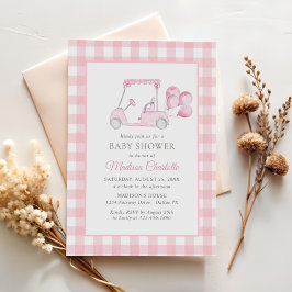 Rosa Gingham Golf Girl Baby Shower Inbjudningar