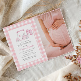 Rosa Gingham Golf Girl Baby Shower Photo Inbjudningar