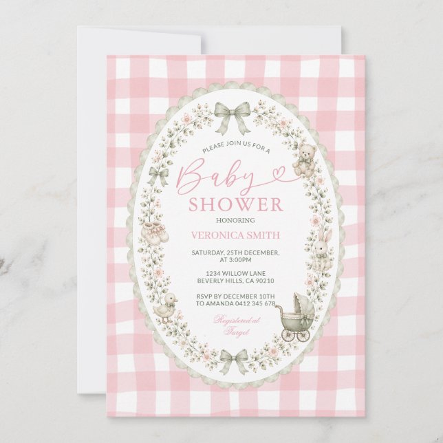 Rosa gingham grandmillennial baby shower  inbjudningar (Framsida)