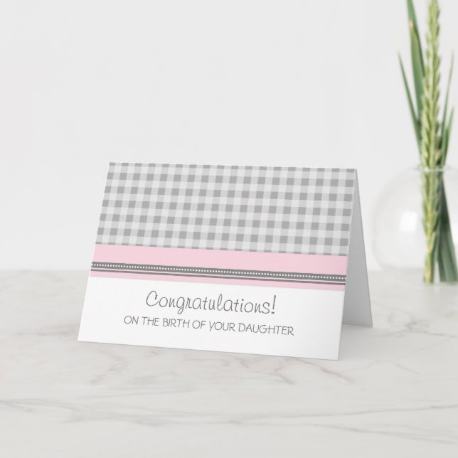 Rosa Gingham Grattis Nyfödd bebis Girl Girl Kort (Framsida)