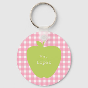 Rosa Gingham & grön Apple lärare Nyckelring