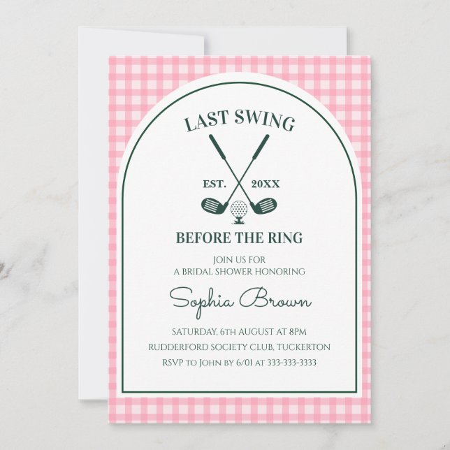 Rosa Gingham Grön Båge Golf Bröllopsdusch Inbjudningar (Framsida)