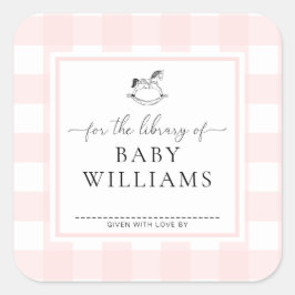 Rosa Gingham Gunghäst Bokmärkeshållare För Bibliot Fyrkantigt Klistermärke