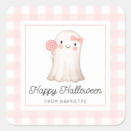 Rosa Gingham Happy halloween Cute Ghost Favor Tags Fyrkantigt Klistermärke