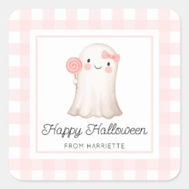 Rosa Gingham Happy halloween Cute Ghost Favor Tags Fyrkantigt Klistermärke