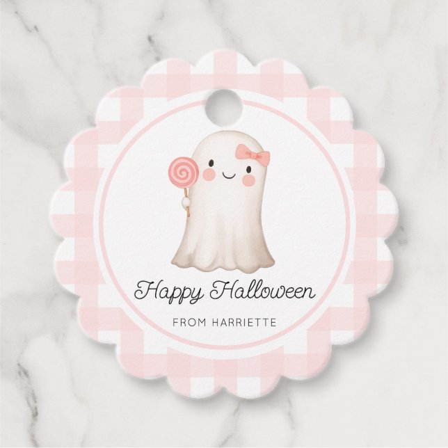 Rosa Gingham Happy halloween Cute Ghost Gåvor Etiketter (Framsida)
