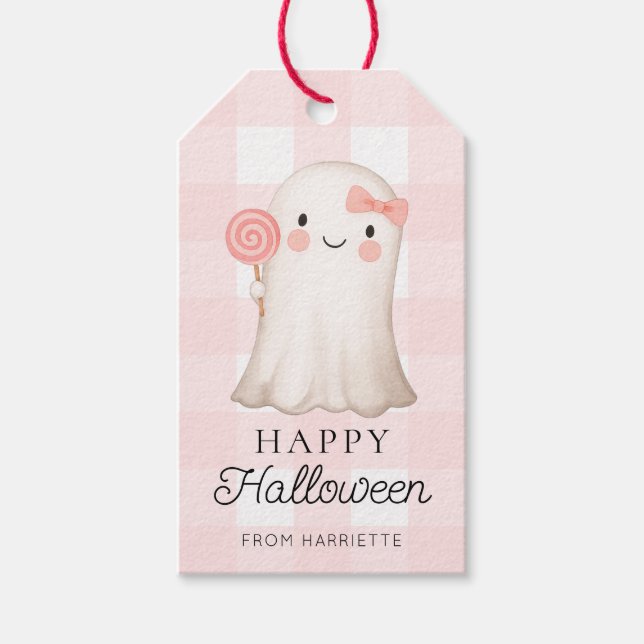 Rosa Gingham Happy halloween Cute Ghost Presentetikett (Framsidan)