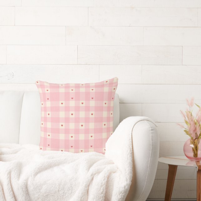 Rosa Gingham-hjärtan Alla Hjärtans Dag  Kudde (Soffa)