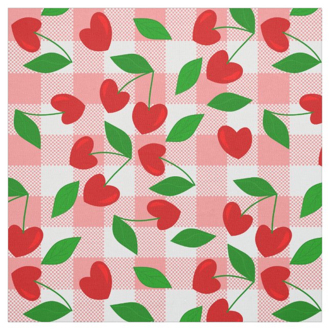 rosa gingham hjärtformad körsbär rockabilly tyg (Provkarta)