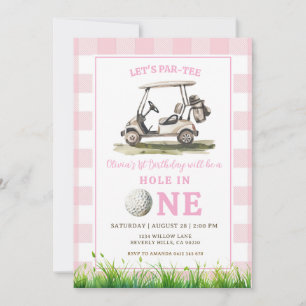 Rosa Gingham Hole in One Golf Flicka Födelsedag Inbjudningar