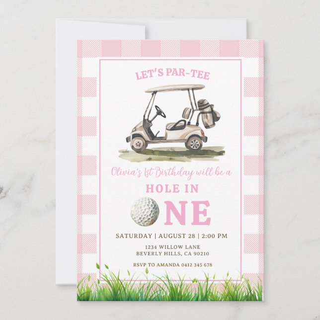 Rosa Gingham Hole in One Golf Flicka Födelsedag Inbjudningar (Framsida)