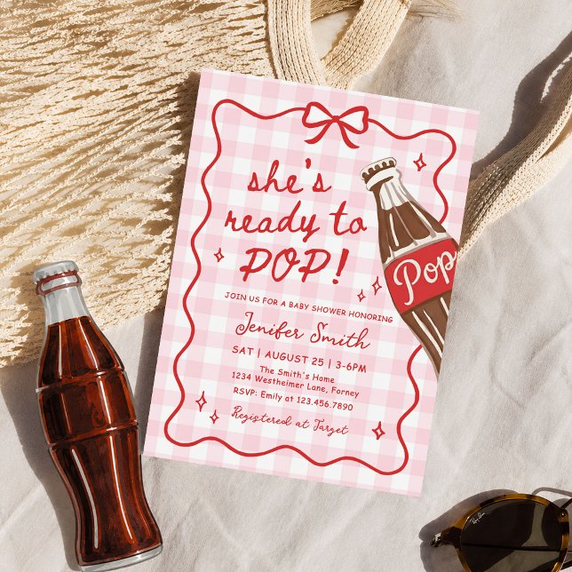 Rosa Gingham Hon är redo att poppa Bebisens dag Inbjudningar (Skapare uppladdad)