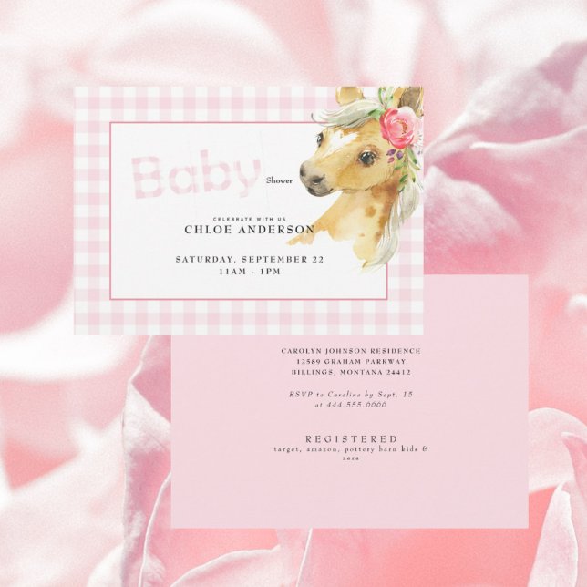 Rosa Gingham Horse Baby Shower-inbjudan Inbjudningar (Skapare uppladdad)