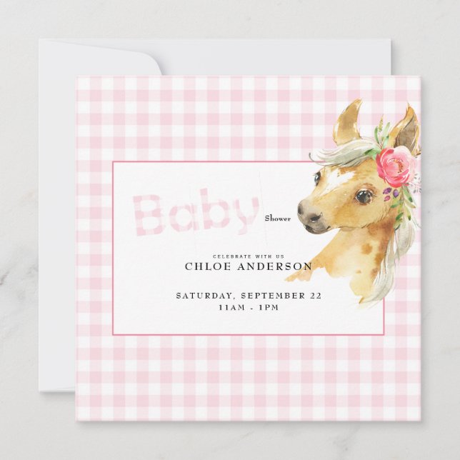 Rosa Gingham Horse Baby Shower Square Inbjudningar (Framsida)