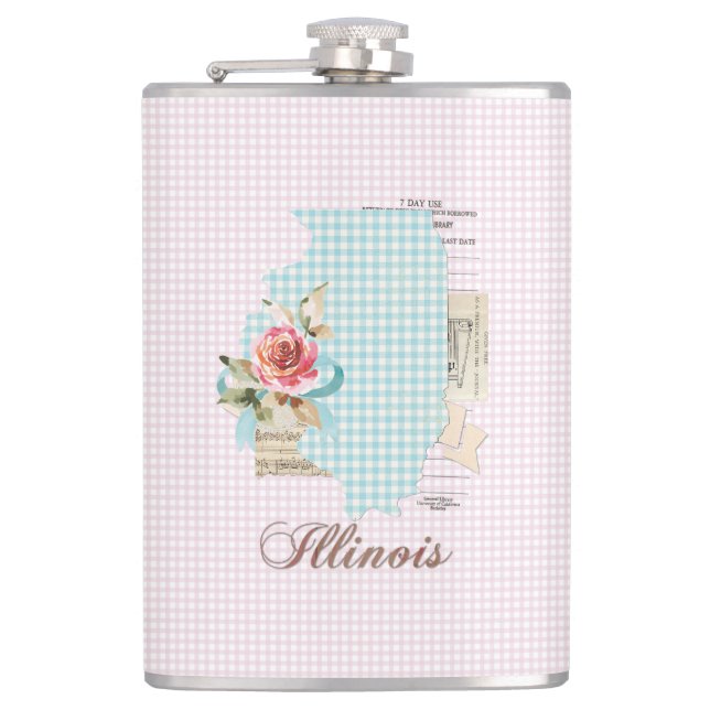 Rosa Gingham Illinois State Vinyl Wrapped Flask Fickplunta (Framsidan)