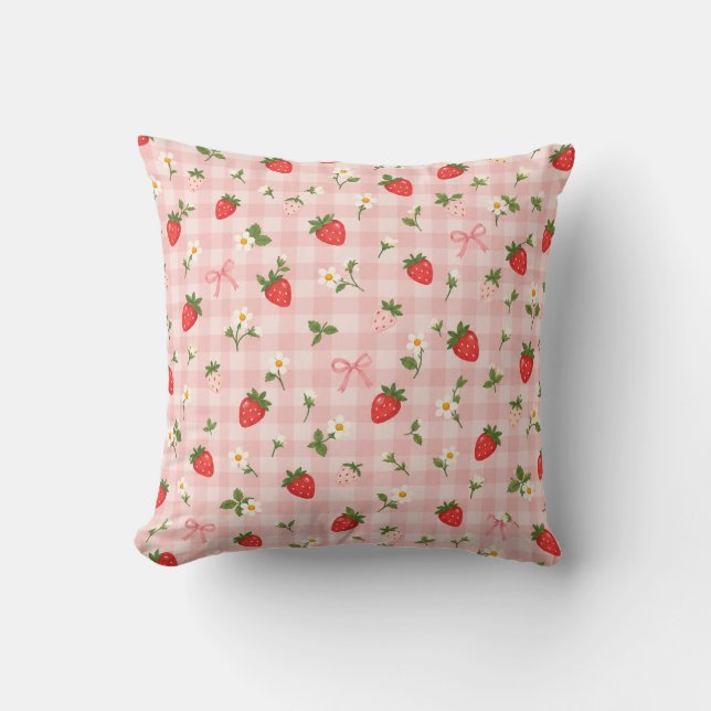 Rosa Gingham Jordgubbs Daisy Slinga Mönster Kudde (Framsida)