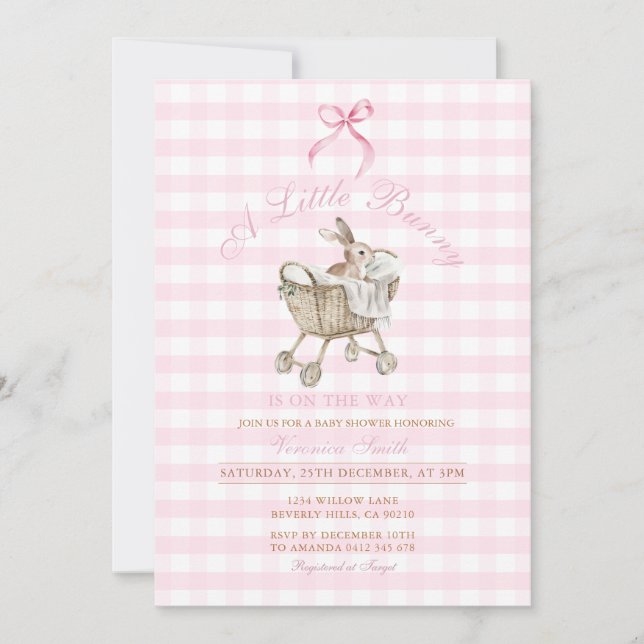 Rosa Gingham Kanin Bebis Shower Grandmillennial  Inbjudningar (Framsida)