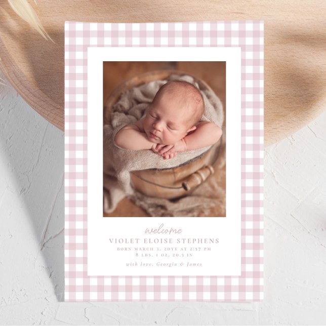 Rosa gingham klassisk enkel söt två foto födelse meddelande (Skapare uppladdad)