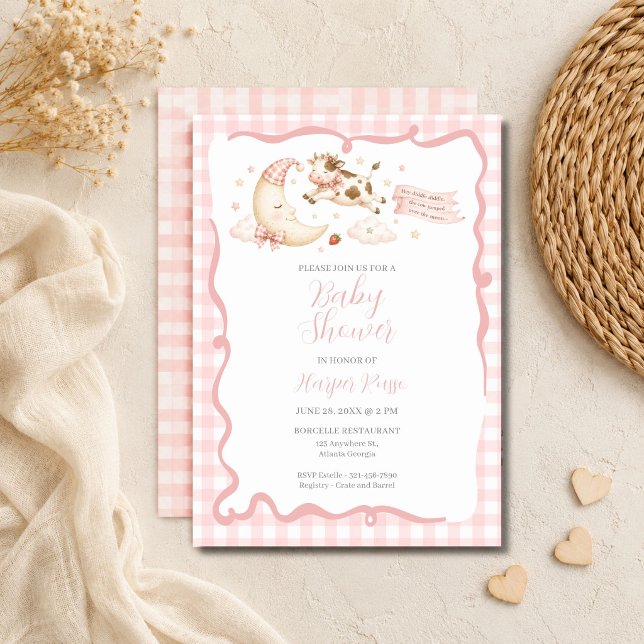 Rosa Gingham Ko Moon Förlossningsfest Inbjudan (Pink Gingham Cow Moon Baby Shower Invitation)