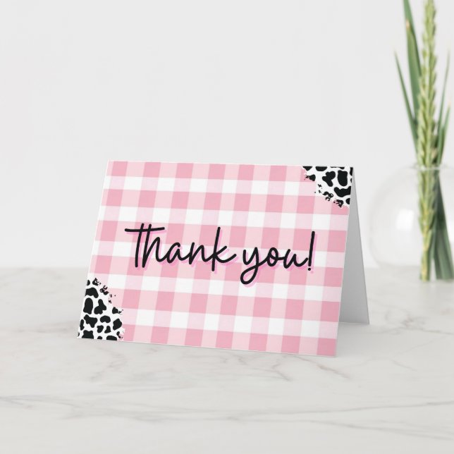 Rosa Gingham Ko Print Tackkort för Födelsedag (Framsida)