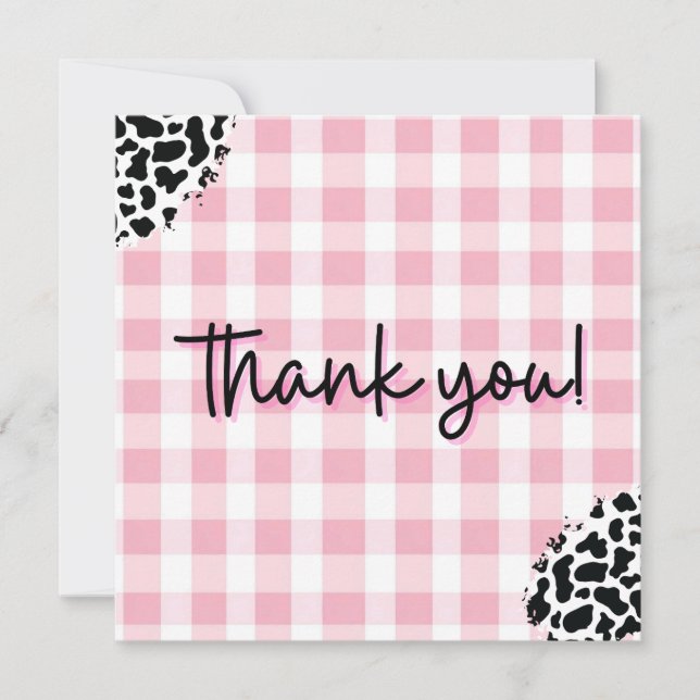 Rosa Gingham Ko Print Tackkort för Födelsedag Tack Kort (Framsida)