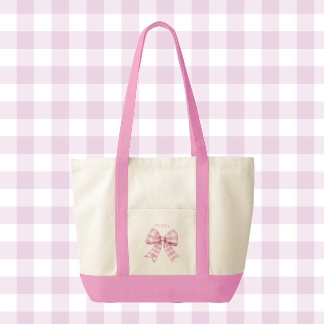Rosa Gingham-Kontroll Bow Coquette Kontrast Trimni Tygkasse (pink gingham check monogram tote bag)
