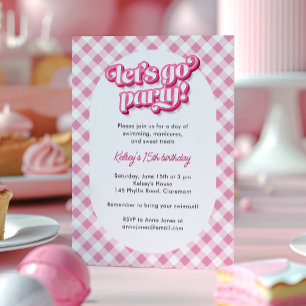 Rosa Gingham Låt oss Go Party Birthday Inbjudningar