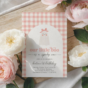 Rosa Gingham Little Boo Ghost 1st Birthday Inbjudningar