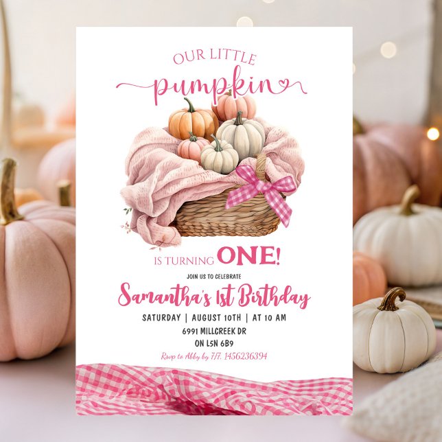 Rosa Gingham Little Pumpkin Birthday Inbjudningar (Skapare uppladdad)