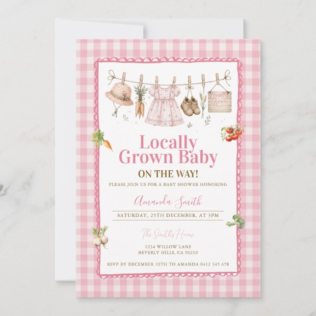 Rosa Gingham Lokalt Odlad Baby Shower  Inbjudningar (Framsida)