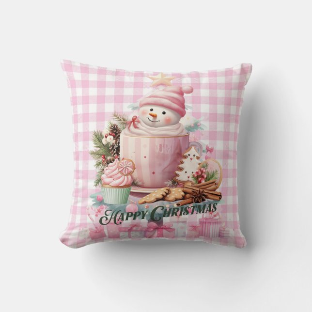 Rosa Gingham Lycklig julpillow Kudde (Framsida)