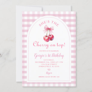 Rosa Gingham med Bow... Hon är Cherry på Top Birth Inbjudningar