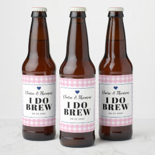 Rosa Gingham med marinblått I Do Brew Bröllop Ölflaska Etikett