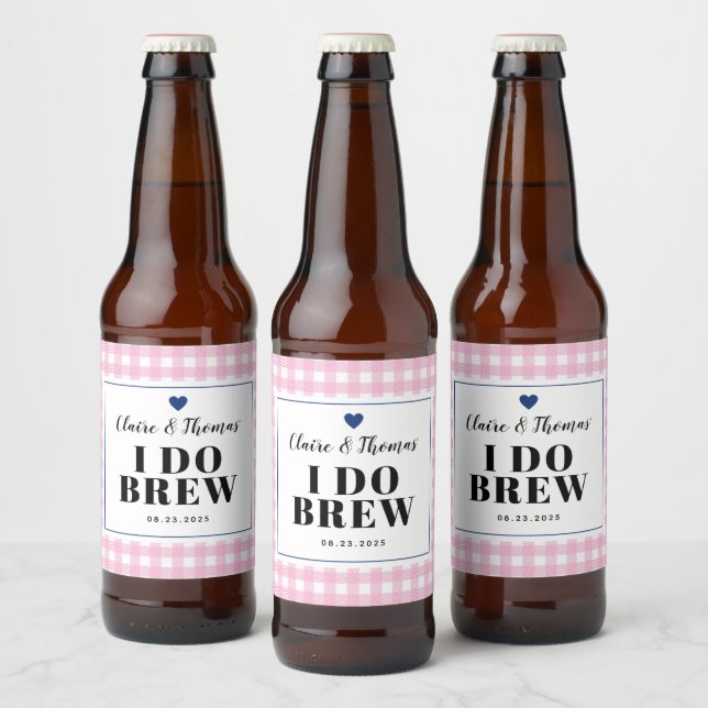 Rosa Gingham med marinblått I Do Brew Bröllop Ölflaska Etikett (Flaskor)