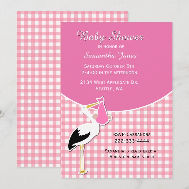 Rosa Gingham med Stork Baby Shower-inbjudan Inbjudningar (Fram/baksida)