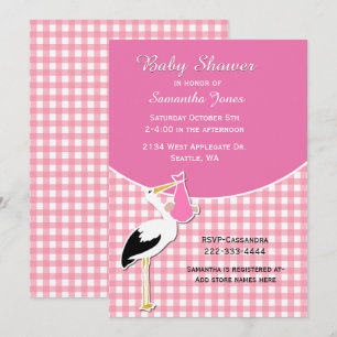Rosa Gingham med Stork Baby Shower-inbjudan Inbjudningar