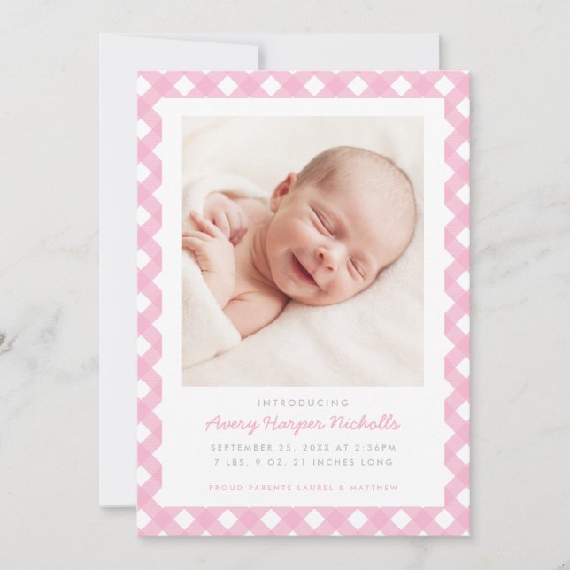 Rosa Gingham Meddelande om enstaka foto Inbjudningar (Framsida)