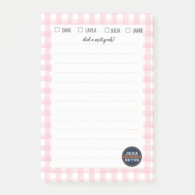 Rosa Gingham Mitzvah Note Post-it Block (Framsida)