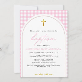 Rosa Gingham, modern minimalistisk baptism Inbjudningar