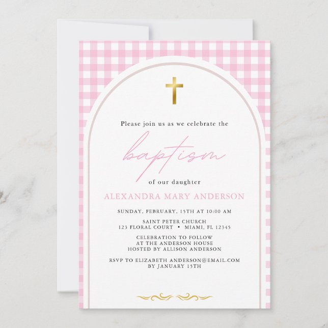 Rosa Gingham, modern minimalistisk baptism Inbjudningar (Framsida)