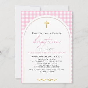 Rosa Gingham, modern minimalistisk baptism Inbjudningar