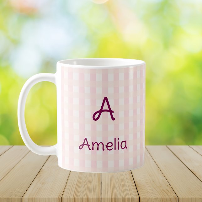 Rosa Gingham Monogram Anpassat Namn  Kaffemugg (Skapare uppladdad)