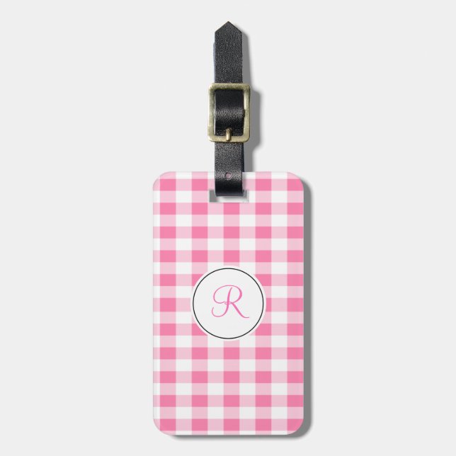 Rosa Gingham Monogram Bagagebricka (Vertikal Framsida)