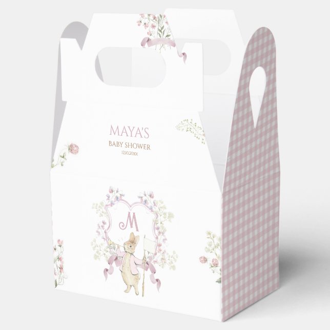 Rosa Gingham Monogram Peter the Rabbit Baby Shower Presentaskar (Öppnad)