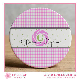 Rosa Gingham Monogram Underlägg Papper Rund